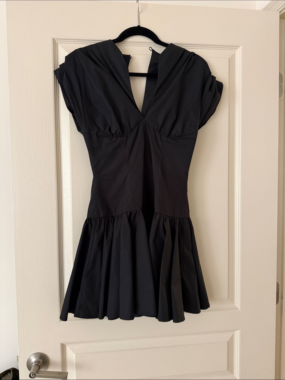 De La Vali Black Mini Dress with V-Neck and Flared Skirt Sz 2